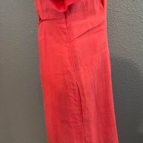 MAJE CUTOUT TWISTED BACK 100% LINEN MIDI BUTTON UP SHIRT DRESS in HIBISCUS  - 38 - Picture 14 of 15